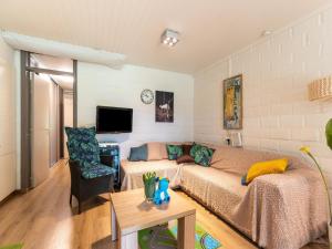 een woonkamer met een bank en een tv bij Snug apartment in Houthalen Oost with heated pool in Drijhoeven