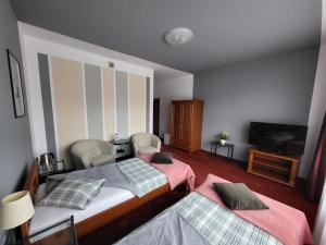a bedroom with two beds and a flat screen tv at Apartamenty Amadeus in Stronie Śląskie