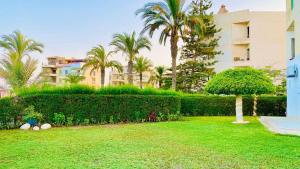 a yard in front of a building with palm trees at قرية البوريڤاچ1 in Fayed