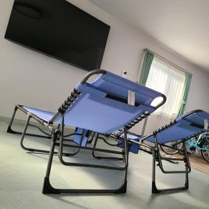 een blauwe stoel voor een tv bij Fluctus - Vacation STAY 16974v in Hitachi