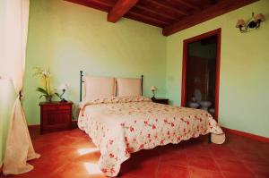 ein Schlafzimmer mit einem Bett in einem Zimmer mit grünen Wänden in der Unterkunft La Ginestra in Orentano