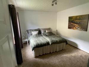 a bedroom with a bed and a painting on the wall at Sentralt beliggende moderne leilighet in Mosjøen