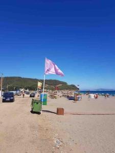 a pink flag on a beach with a flag at Prachtige appartement in heel rustige omgeving in Chozas