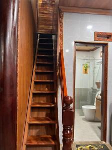 Tân Tạo的住宿－Đan Khôi Homestay Lagi，通往带卫生间的浴室的木制楼梯