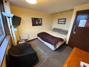 1 dormitorio pequeño con 1 cama y 1 silla en Manor house backpackers en Dunedin