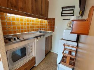 una pequeña cocina con fregadero y microondas en Appartement Autrans-Méaudre en Vercors-Autrans, 3 pièces, 6 personnes - FR-1-737-35 en Autrans