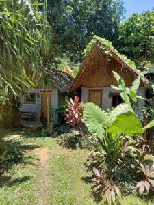 une petite maison avec un toit de chaume dans un jardin dans l'établissement Native Bungalows, à El Nido