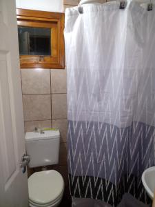 un bagno con un water e una tenda da doccia di ARoss a Ushuaia