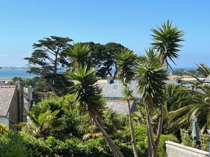 a group of palm trees in front of a house at Appartement vue mer in Carantec