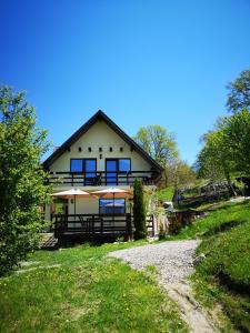 una casa en una colina con un camino de grava delante de ella en Lake House Magnolia, en Buhalniţa
