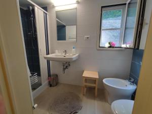 een badkamer met een wastafel, een toilet en een raam bij Amoroso's house, affittacamere in Caramanico Terme