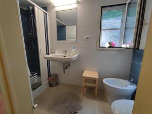 a bathroom with a sink and a toilet and a window at Amoroso's house, affittacamere in Caramanico Terme