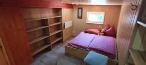 a small room with a bed and shelves and a window at Apartment am Rennsteig, 2 Schlafzimmer in Lauscha