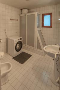 uma casa de banho com uma máquina de lavar roupa e um lavatório em Two Towers em Pančevo