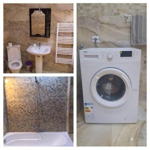 four pictures of a bathroom with a washing machine and a sink at 2 minutes from Sheraton Oran. Come and relax here. in Oran