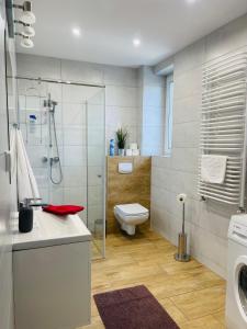 a bathroom with a toilet and a glass shower at Gladiator Noclegi Zator lV Apartament in Zator