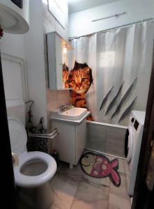 布加勒斯特的住宿－Lake and park view residence，浴室内有一只猫被涂在浴帘上