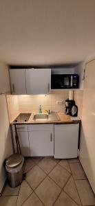 Una pequeña cocina con fregadero y microondas. en Zimmer im UG direkt in der Innenstadt, Centrum, en Schwerin