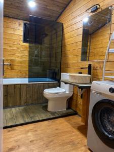 een badkamer met een toilet, een wastafel en een wasmachine bij Little Wood House Gergeti in Kazbegi