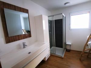 a bathroom with a shower and a sink and a mirror at 4 star holiday home in Gaal im Murtal in Pirkach