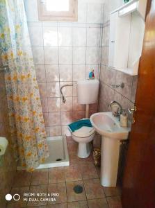małą łazienkę z toaletą i umywalką w obiekcie Traditional Trikeri Escape House w mieście Ayía Kiriakí
