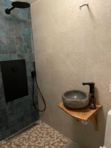 y baño con ducha y lavabo de piedra. en Villa Sharevik, 