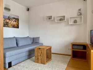 a living room with a blue couch and a tv at Appartement Maria in Westendorf