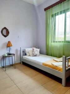 a bedroom with a bed with a green curtain and a window at Think Blue Apartment in Nea Vrasna in Asprovalta