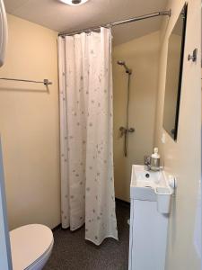 a bathroom with a shower curtain and a toilet at Klokkehøj in Ullerslev