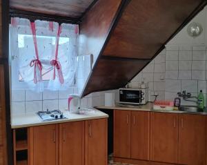 a kitchen with a sink and a stove top oven at Suwałki Centrum Studio in Suwałki