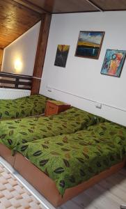 a bed in a room with a green comforter at Suwałki Centrum Studio in Suwałki