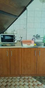 a kitchen with a counter with a microwave and a sink at Suwałki Centrum Studio in Suwałki