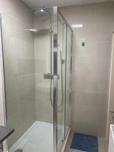 a shower with a glass door in a bathroom at King Studio Apartment with Garden and Parking in Ealing