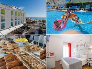 un collage de photos avec de la nourriture dans une piscine dans l'établissement Hotel Adelphi, à Riccione