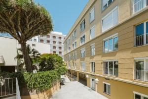 サンタクルス・デ・テネリフェにあるLavaderos Suitesのヤシの木が並ぶ歩道のアパートメント