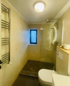 La salle de bains est pourvue de toilettes, d'un lavabo et d'une fenêtre. dans l'établissement DelSool Mamaia, à Mamaia