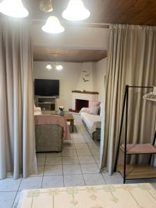 een woonkamer met 2 bedden en een televisie bij Guest house Sonia’s in Agios Nikolaos