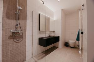 a bathroom with a shower with a sink and a toilet at Residence Oude Haven in Colijnsplaat +40 photos