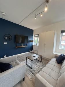 a living room with a couch and a tv at Warner Brothers Apartment in Watford