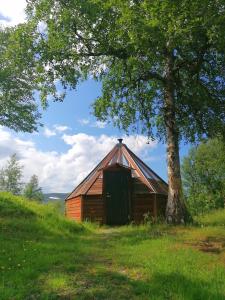 a barn sitting on a hill next to a tree at Hessdalen Ufocamp in Vårhus