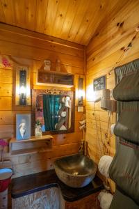 a bathroom with a sink in a log cabin at Le Bassin du Tertre in Fronsac