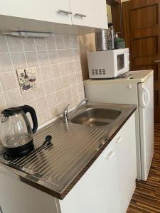 a kitchen counter with a sink and a microwave at Prague Old Town Apartment Benediktska 6 in Prague