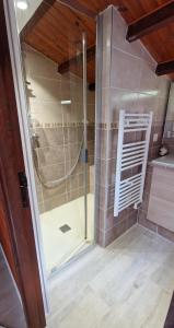 y baño con ducha y puerta de cristal. en Chalet en Bazoches-sur-le-Betz