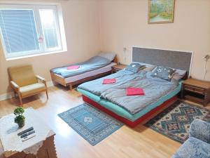a small room with a bed and a table at Kolon Vendégház in Zalavár