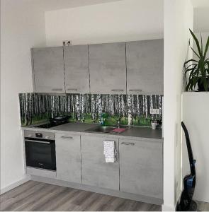 a kitchen with stainless steel cabinets and a sink at Wohnung im Gästehaus in Bernau bei Berlin
