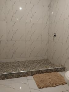 y baño con ducha de mármol y alfombra. en Kasuba Apartments en Livingstone