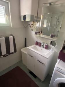 W białej łazience znajduje się umywalka i lustro. w obiekcie Bokun Dunava w mieście Erdut