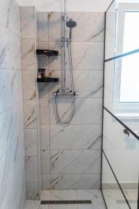 a shower with a glass door in a bathroom at TEILOR Apartments 1 in Floreşti +17 photos