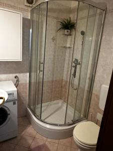 a shower stall in a bathroom with a toilet at Cosy apartment-private parking in Zagreb