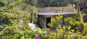 una antigua casa de piedra en un jardín con flores en Stone Cottage garden, terrace sea and forest view en Marmaris
